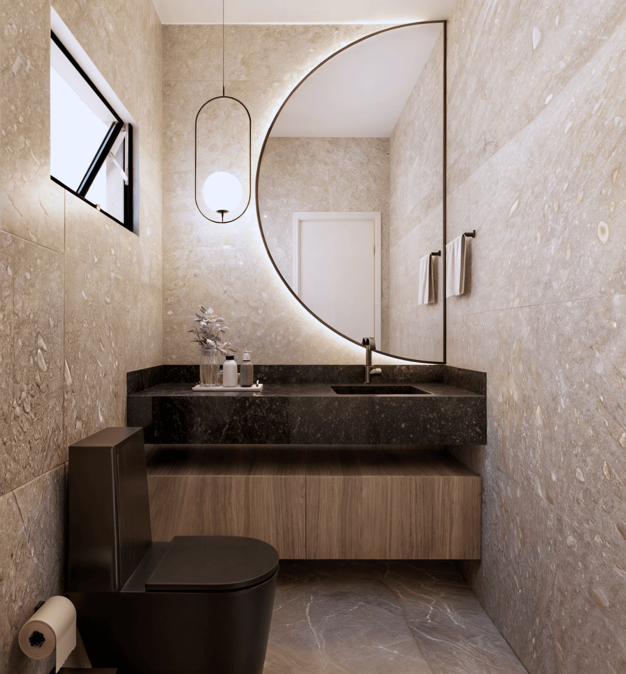 Lavabo sofisticado com bancada de pedra escura e espelho semicircular