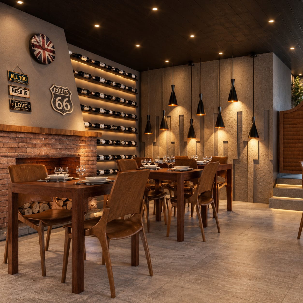Restaurante com parede de tijolinhos e iluminação pendente